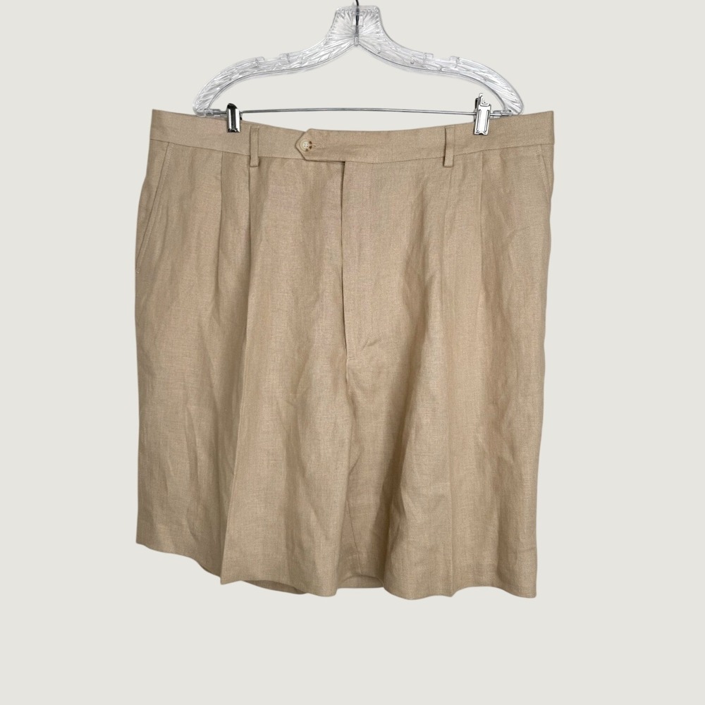 Berle 100% Linen Mens Pleated Linen Shorts Tan Khaki Airy Casual Preppy Size 40